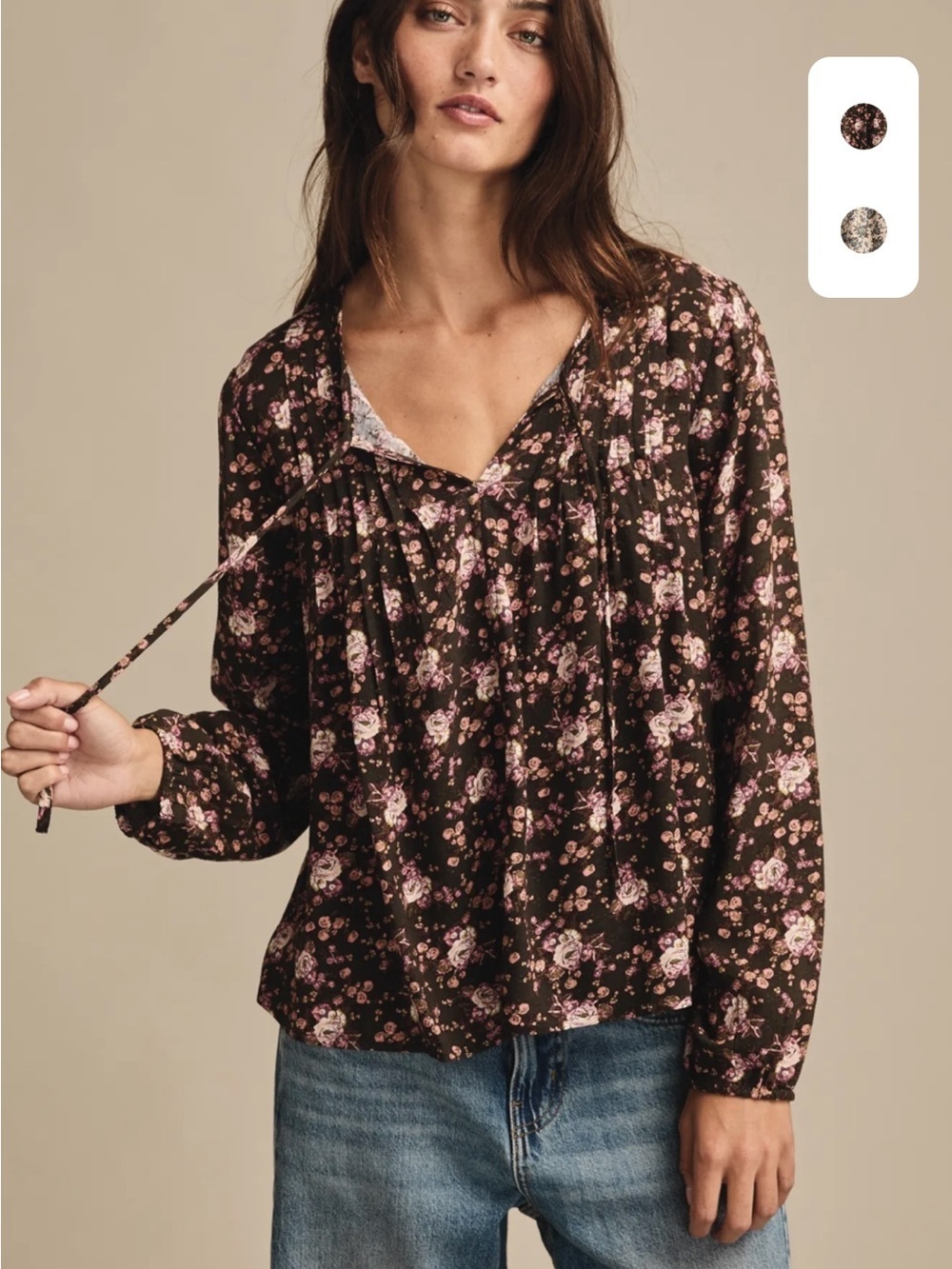Lucky Brand Pintuck Floral Peasant Top size XS